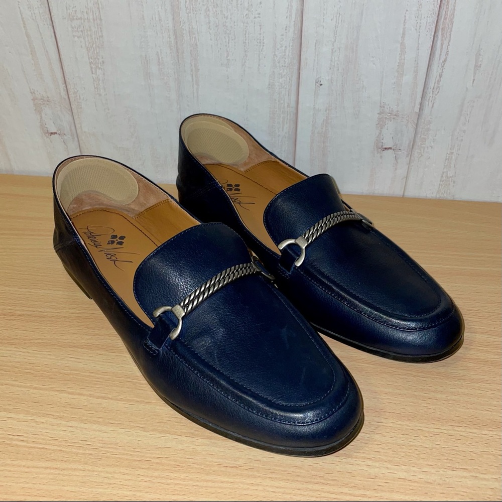 Patricia Nash Navy Leather Loafers with Silver Chain Detail